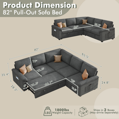 Sleeper Sectional Sofa with Pull Out Bed & Storage-81" | 5-Seater | Fixed backrest-Gray