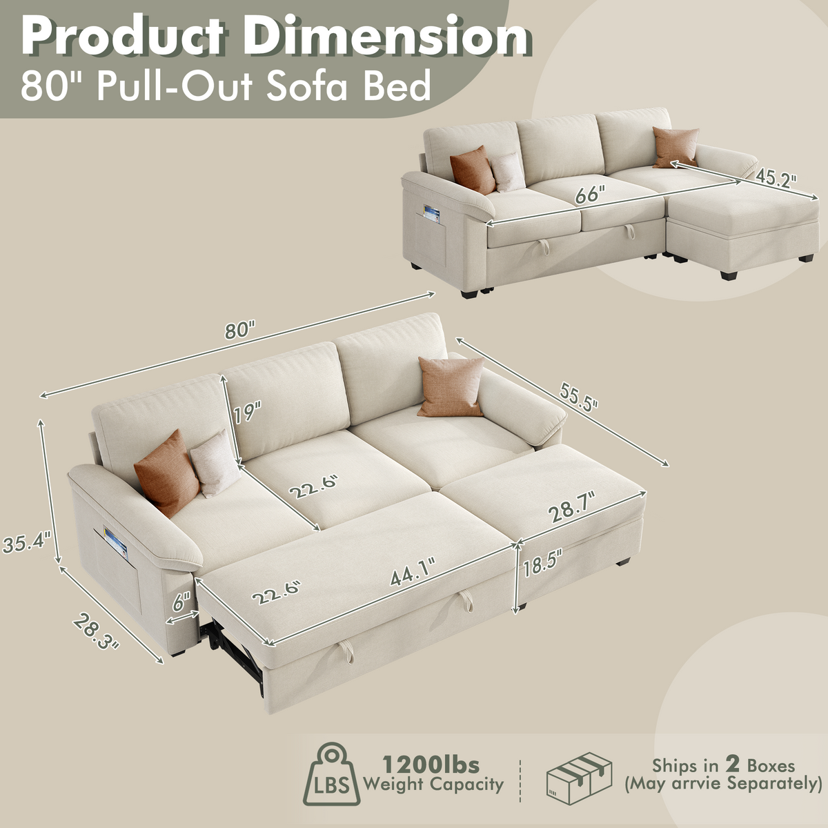 Sleeper Sectional Sofa with Pull Out Bed & Storage-81" | 3-Seater | Fixed backrest-Beige