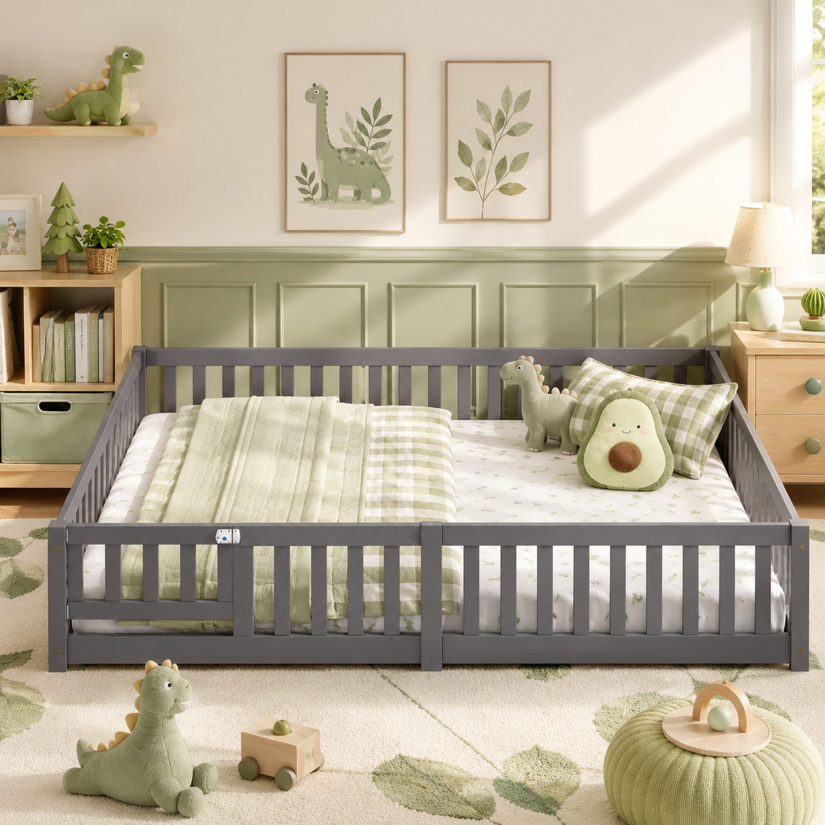 Solid Wood Kids Floor Bed with Safety Rails