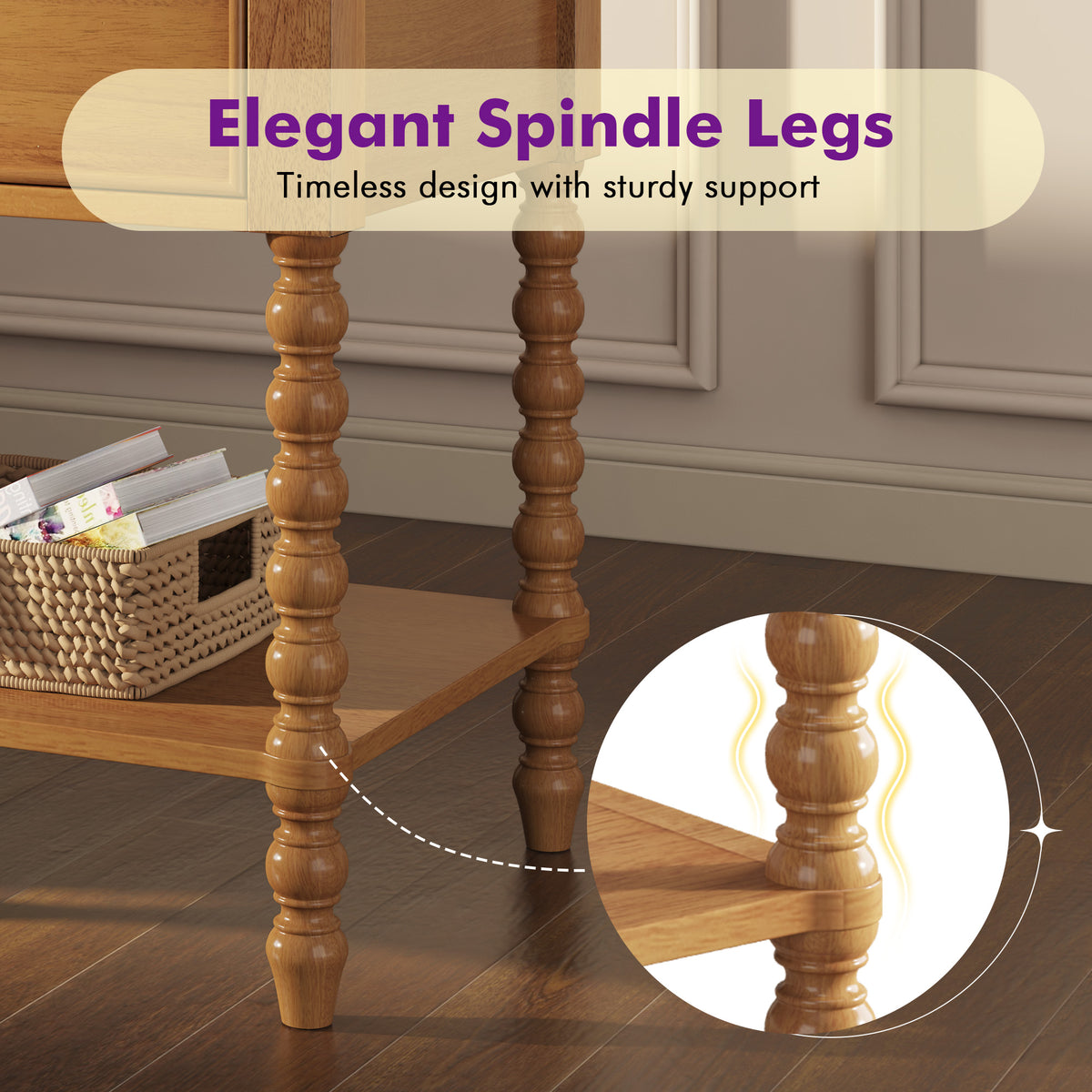 Spindle Solid Wood Nightstand  Natural Wood / 2PC