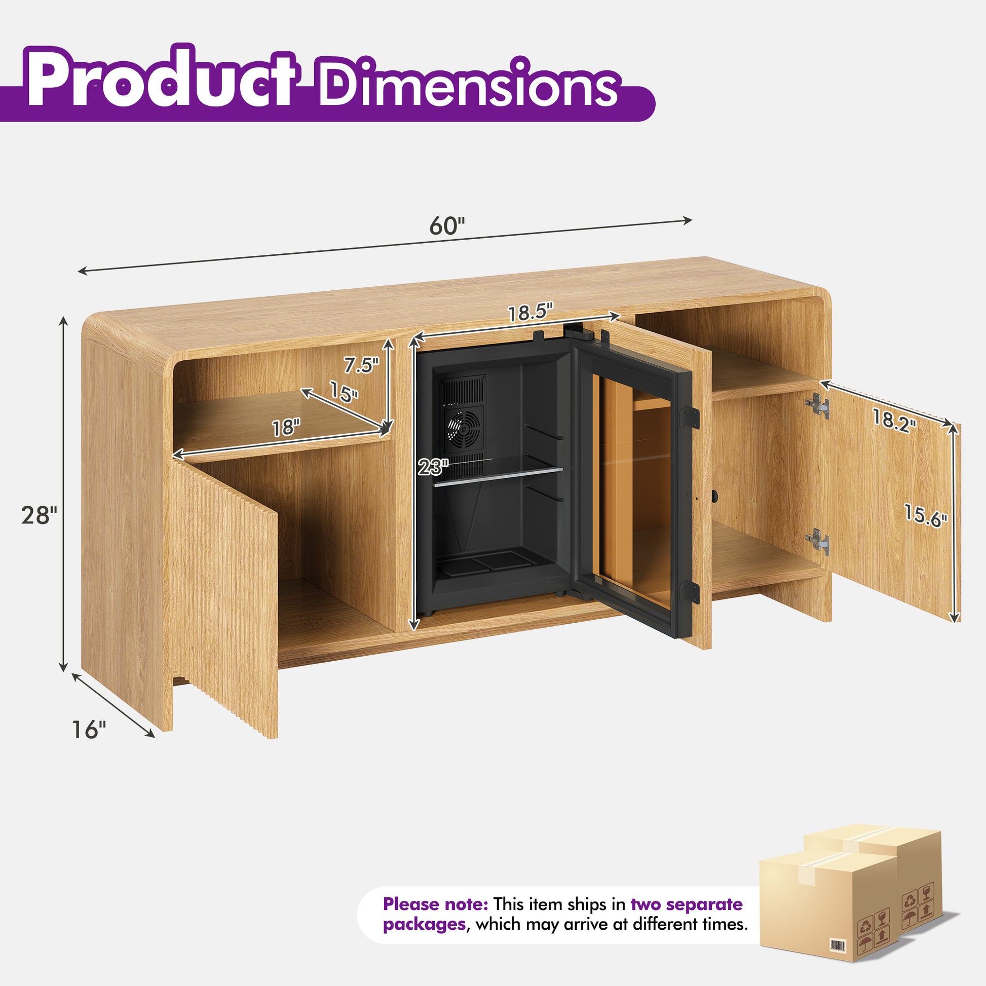 Mold Bar Cabinet with Built-In Fridge  - Natural Wood