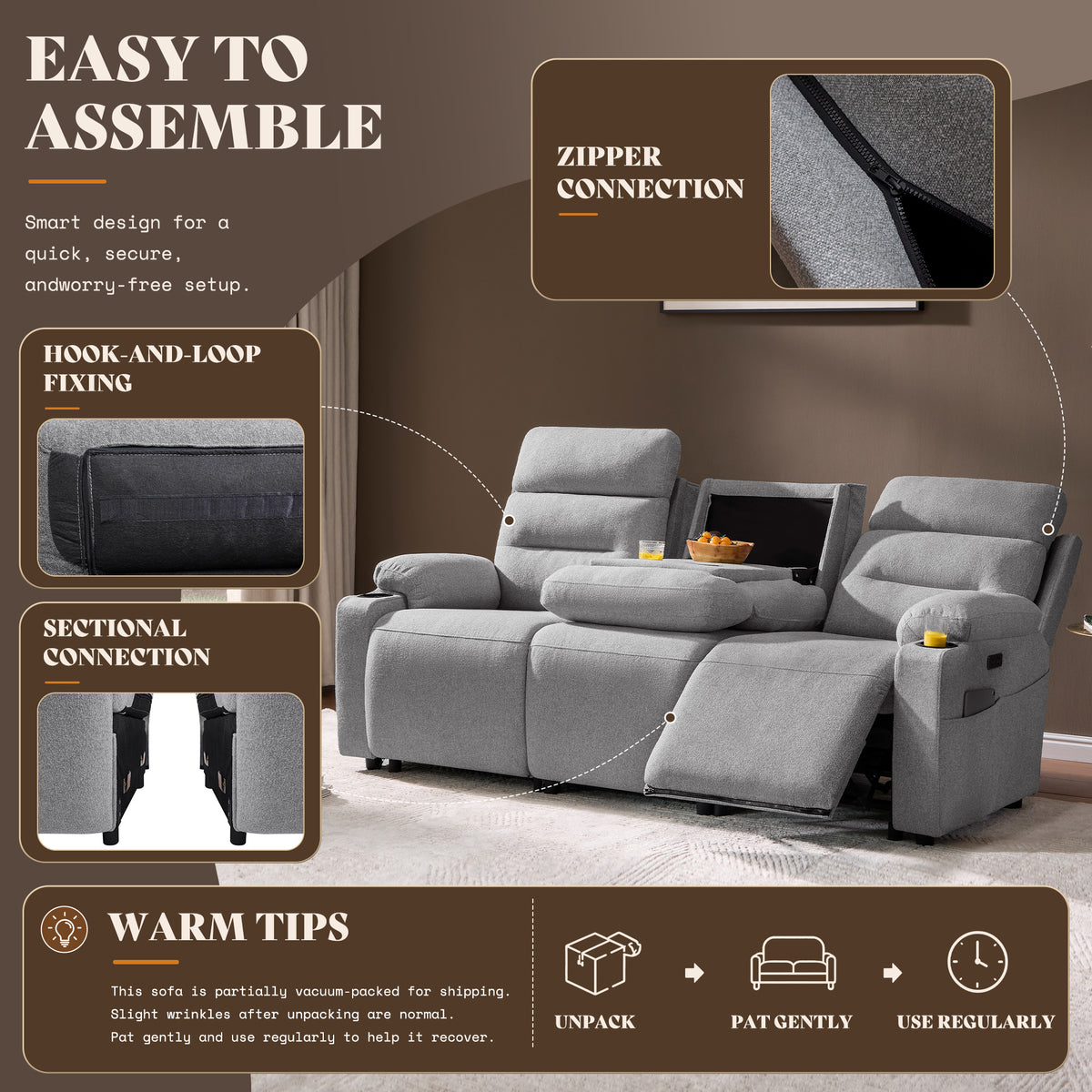 L-Shaped Power Reclining Sectional Sofa with Console-3-Seat with Flip Console-Light Grey