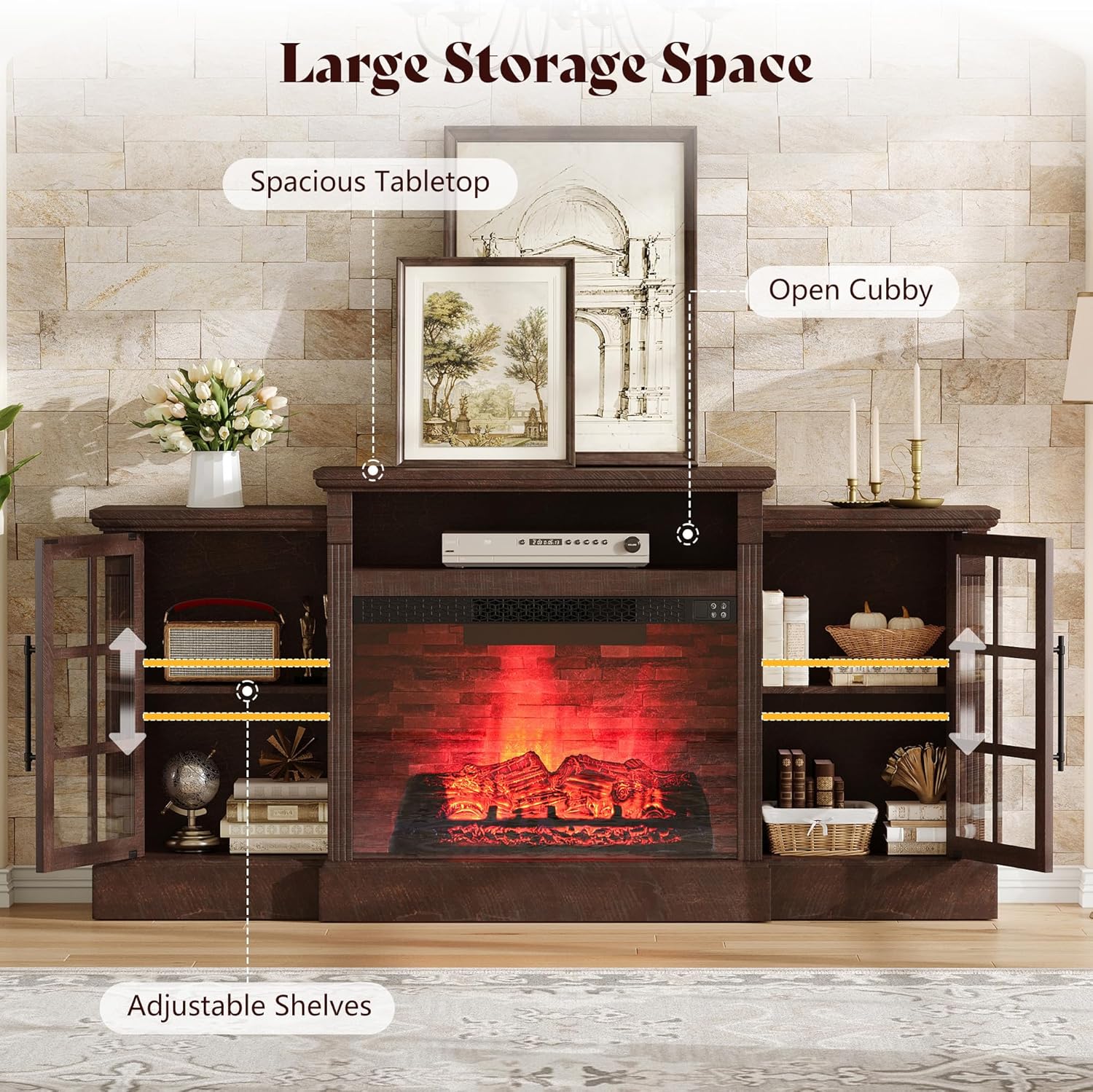 Everwood 70" Fireplace TV Stand Amerlife Rustic Brown