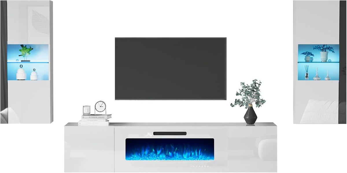 Photon Floating Fireplace TV Stand Wall Unit Amerlife 80" / All White