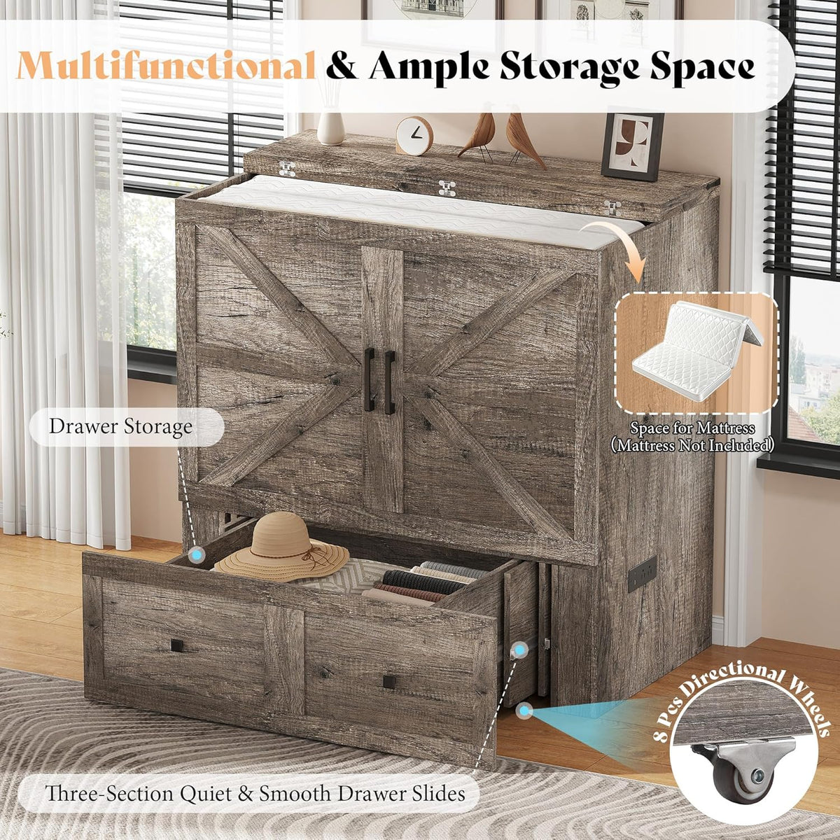 Colton Foldable Murphy Bed Amerlife Twin / Rustic Grey