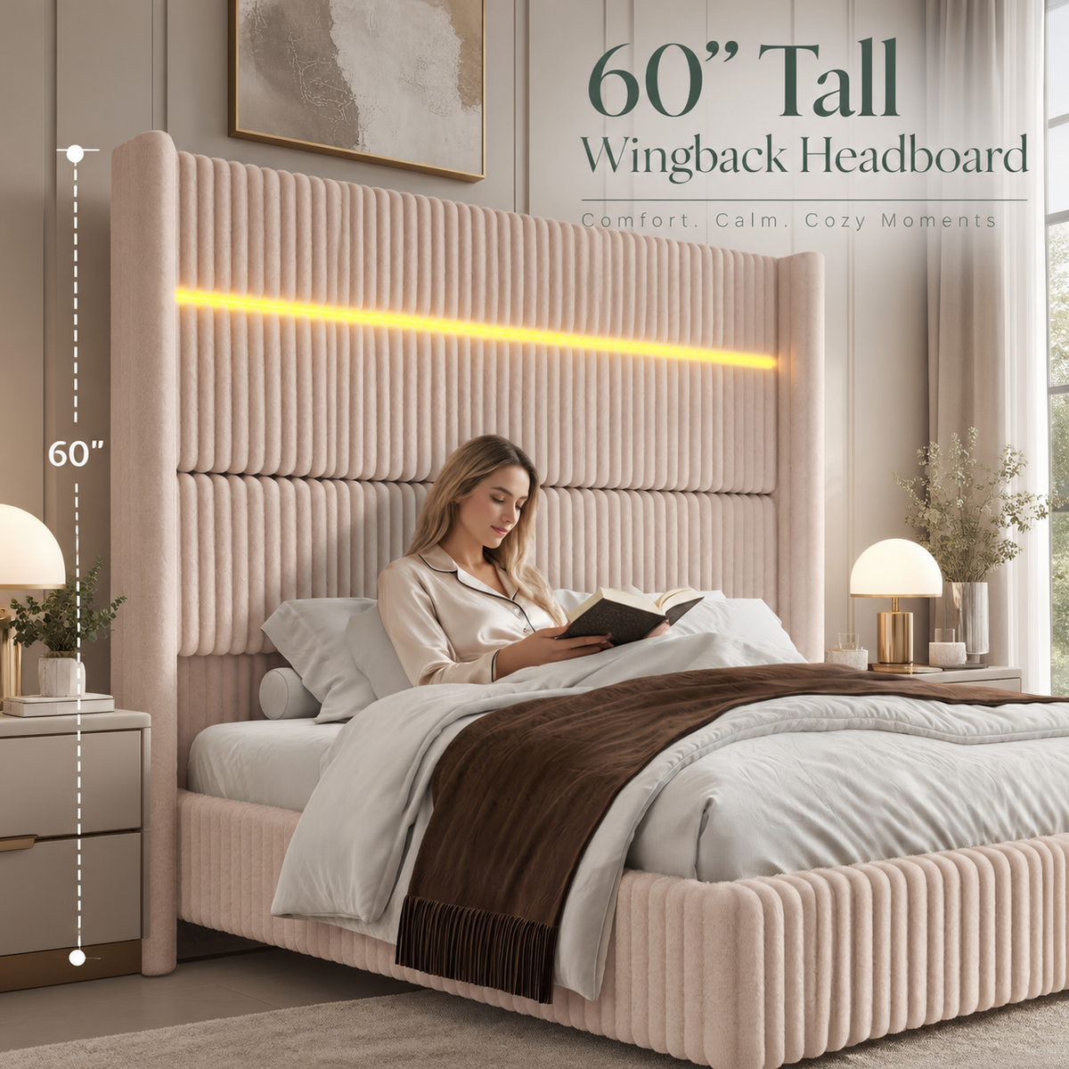 Warren Upholstered Bed Frame with LED Lights-California King-Beige