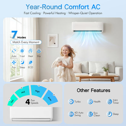 Multi-Zone Ductless Mini Split AC and Heating System (2 & 3 Zone)-3 Zone 28000 BTU (12k+12k+12k)-WIFI