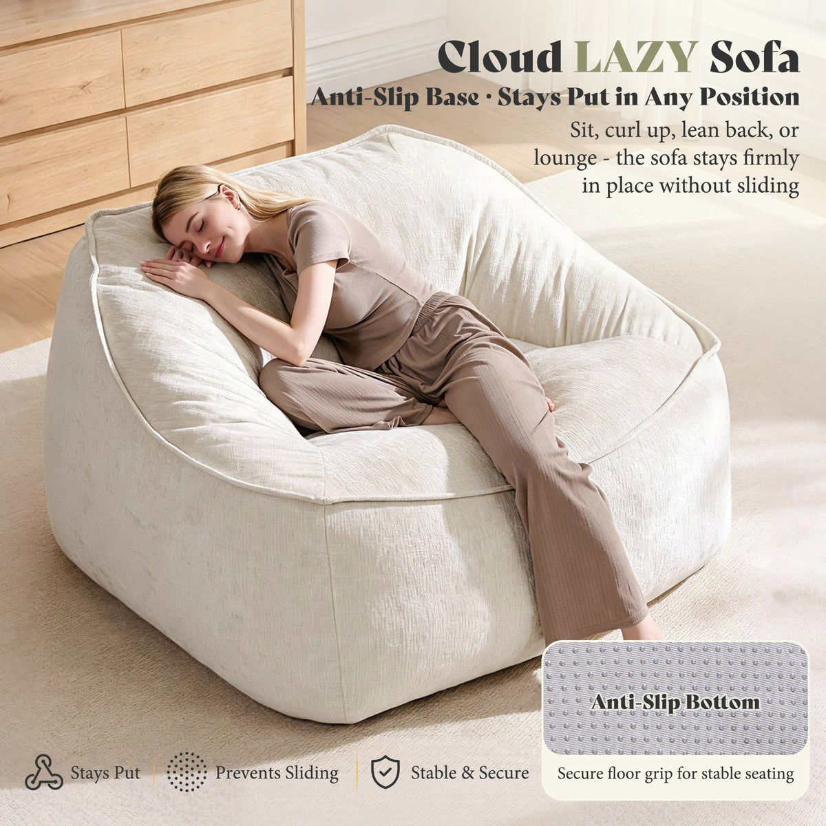 Amerlife Oversized Bean Bag Lounge Chair-Cream Chenille