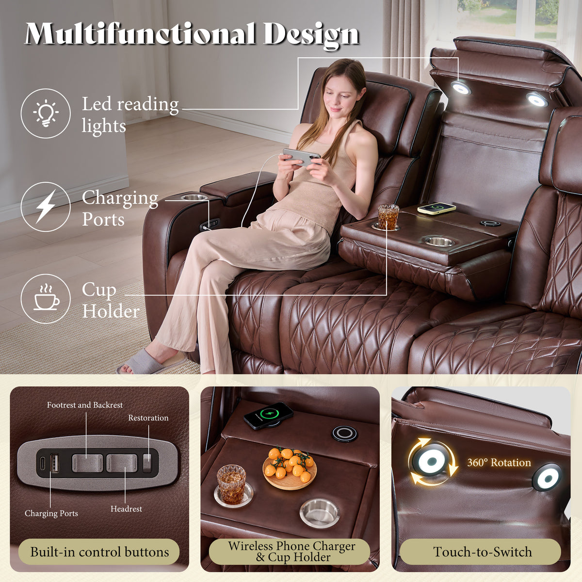 AMERLIFE Recliner Sofa with Zero Gravity, Home Theater Seating, Dark Brown