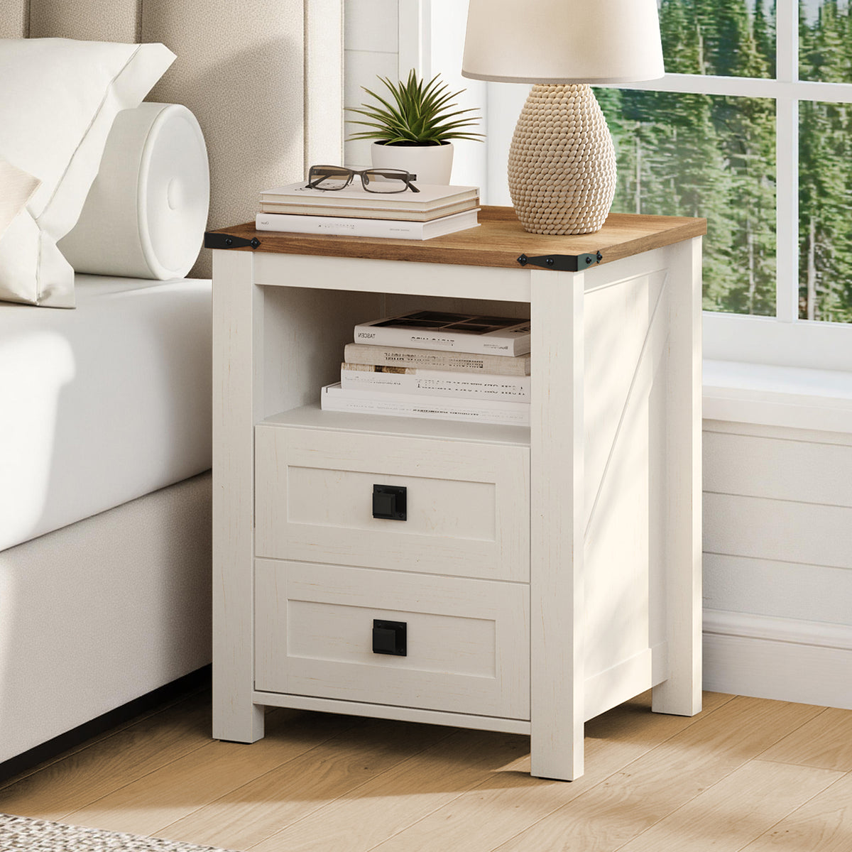 Hub Nightstand Set of 2 Amerlife White ＆Brown