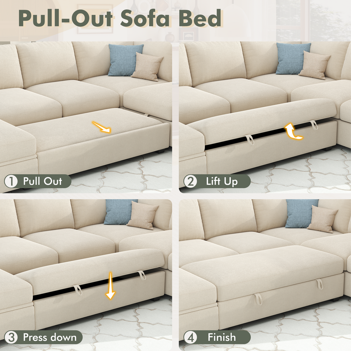 Sleeper Sectional Sofa with Pull Out Bed & Storage-81" | 3-Seater | Fixed backrest-Beige