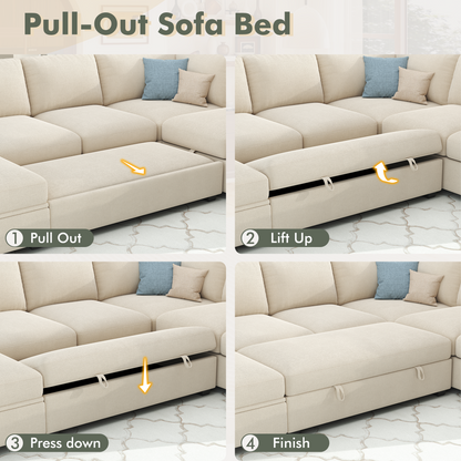Sleeper Sectional Sofa with Pull Out Bed & Storage-81" | 3-Seater | Fixed backrest-Beige