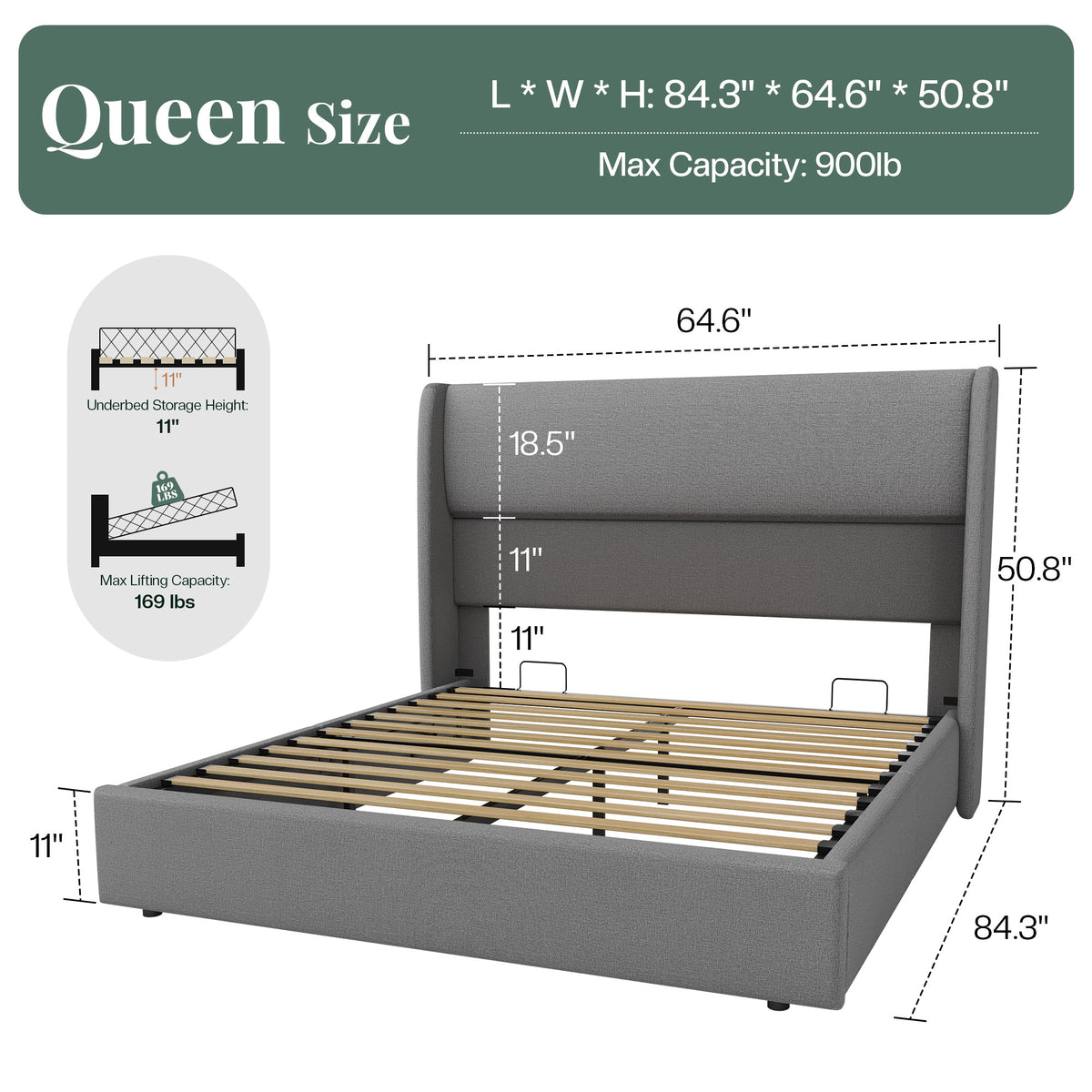 Haven Upholstered Hydraulic Storage Bed Frame-Queen-Light Grey
