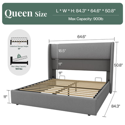 Haven Upholstered Hydraulic Storage Bed Frame-Queen-Light Grey
