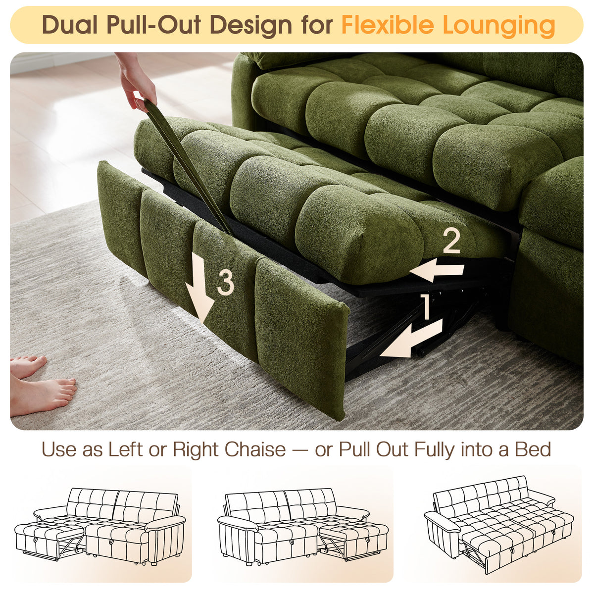 Recline 93" Convertible Sleeper Sofa -Green