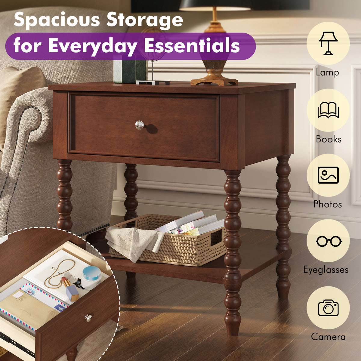 Spindle Solid Wood Nightstand  Dark Walnut / 1PC