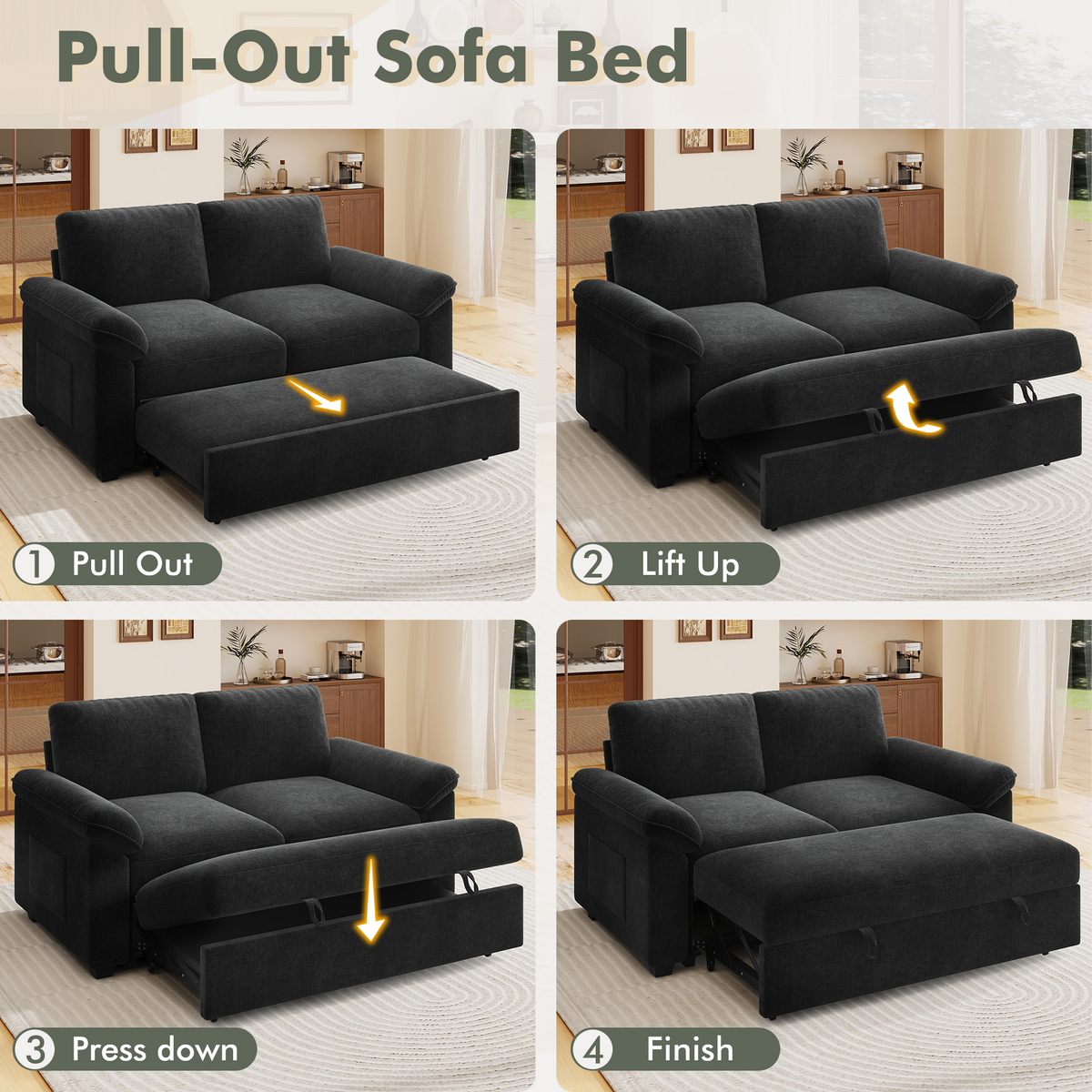 Sleeper Sectional Sofa with Pull Out Bed & Storage-56" | 2-Seater-Black