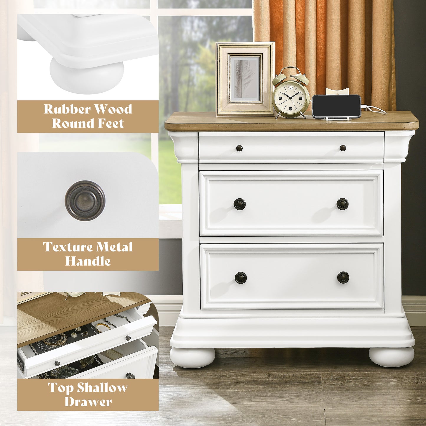Bun Fully Assembly Wood Nightstand Amerlife White ＆Brown / 30" W