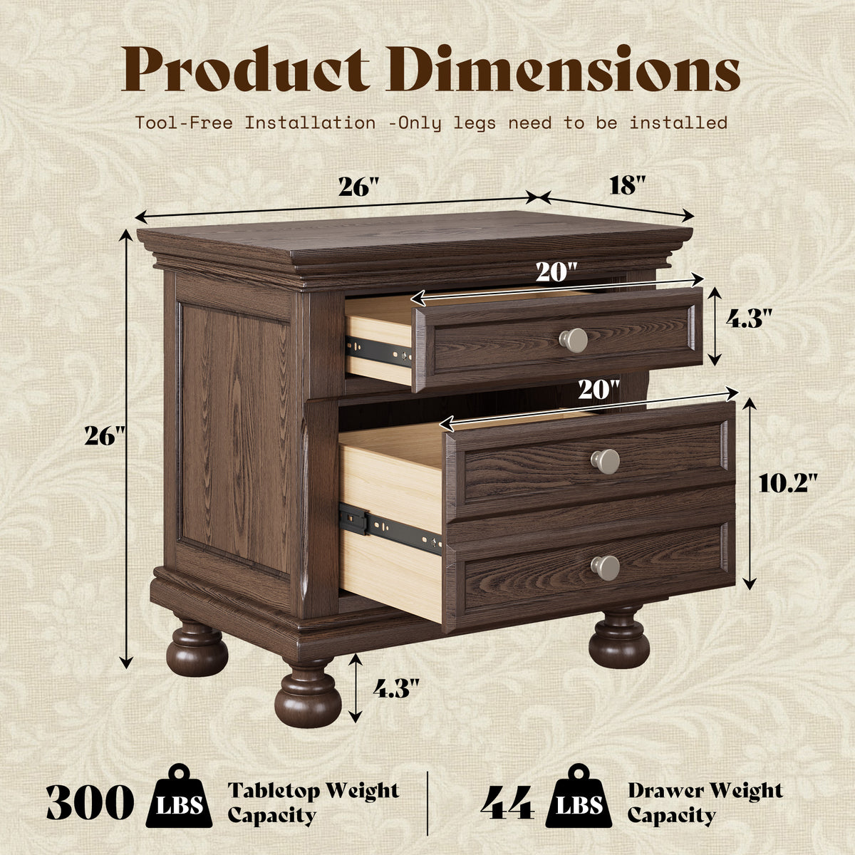 Bobbin Dark Solid Wood Nightstands Set-Dark Walnut-2-Piece Set
