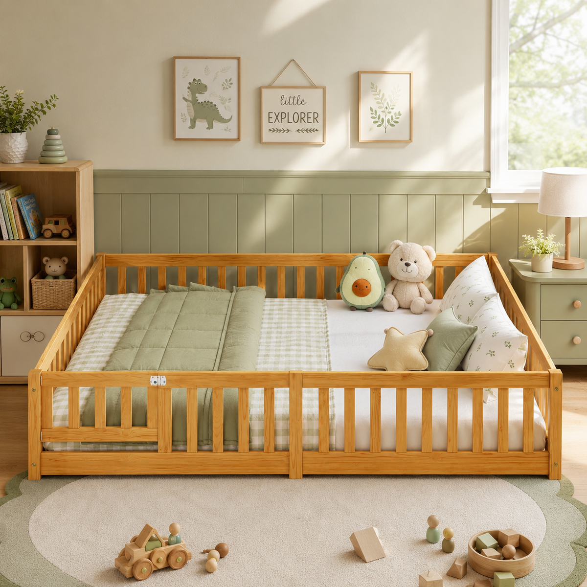 Solid Wood Kids Floor Bed with Safety Rails