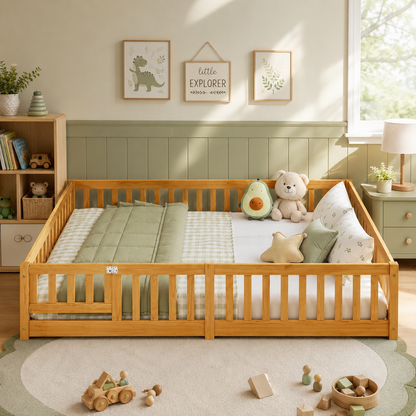 Solid Wood Kids Floor Bed with Safety Rails