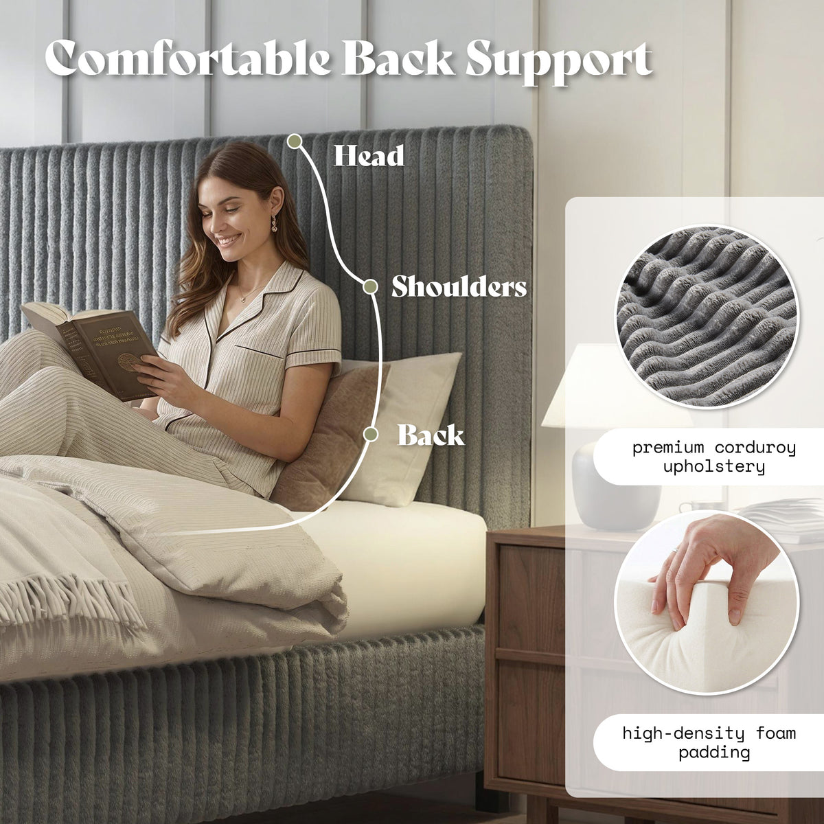 Velmure Corduroy Platform Bed Frame-King-Grey