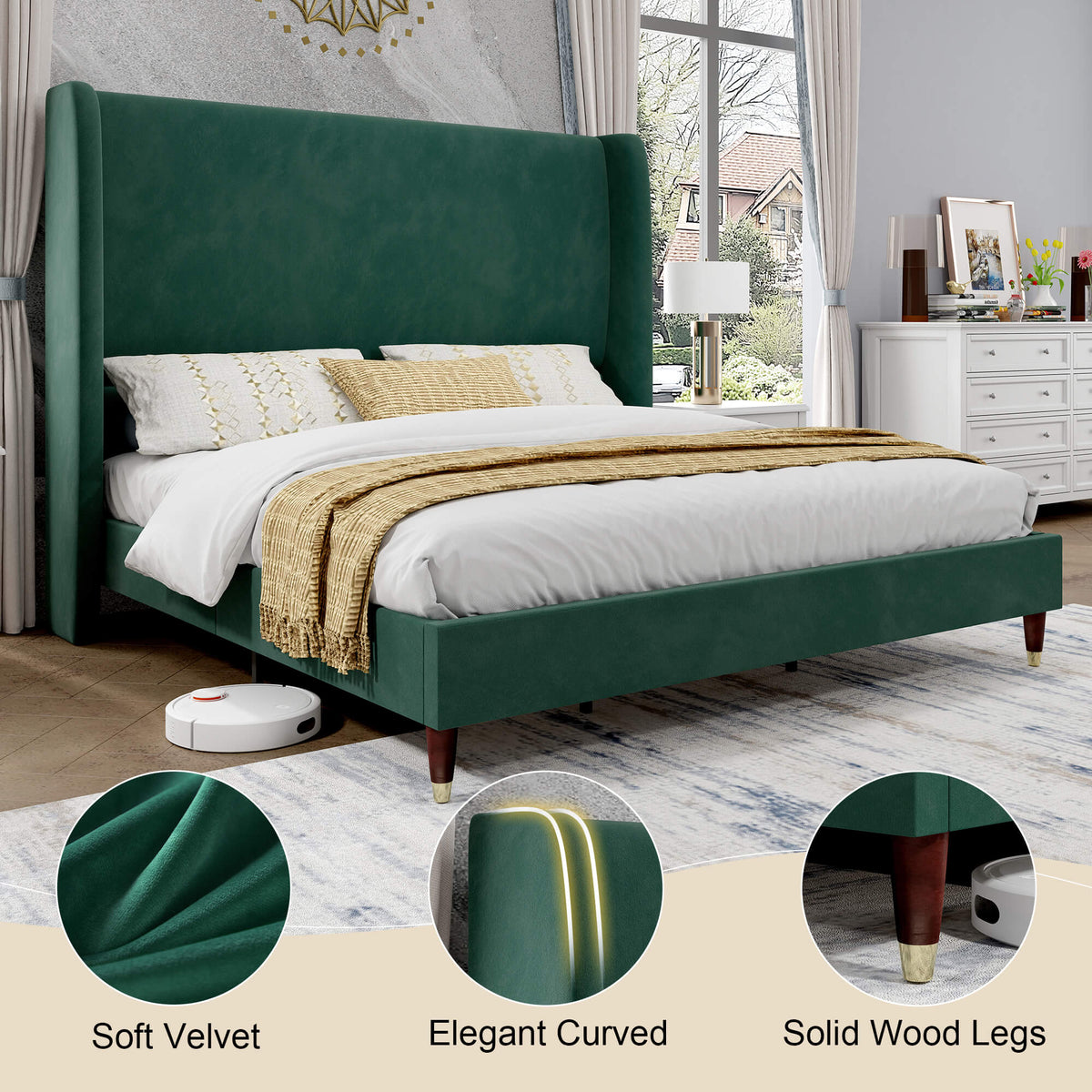 Lanner Bed Frame with Velvet Headboard Amerlife Green
