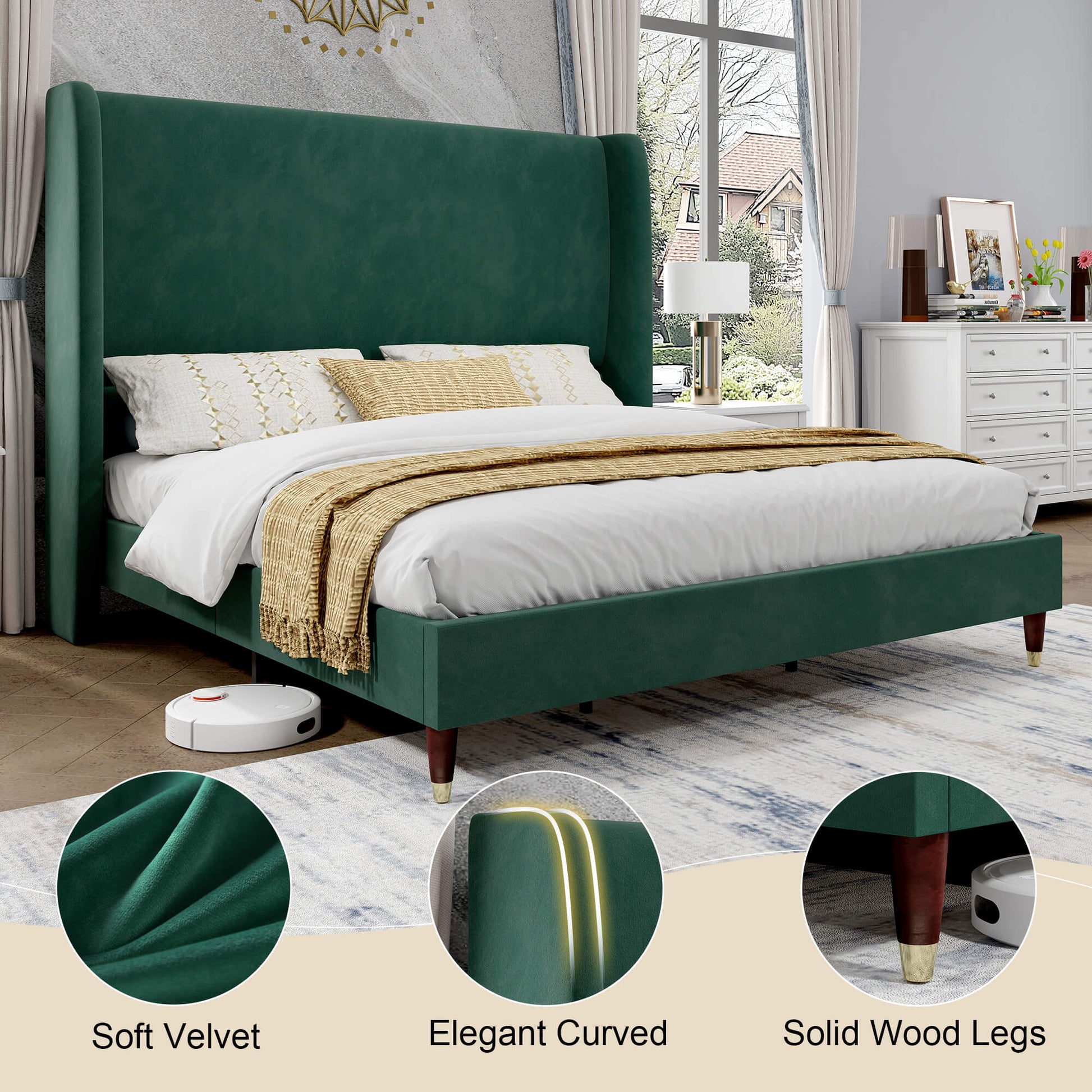 Lanner Bed Frame with Velvet Headboard Amerlife Green