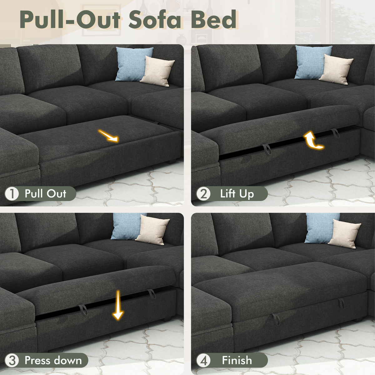 Sleeper Sectional Sofa with Pull Out Bed & Storage-81" | 3-Seater | Fixed backrest-Gray