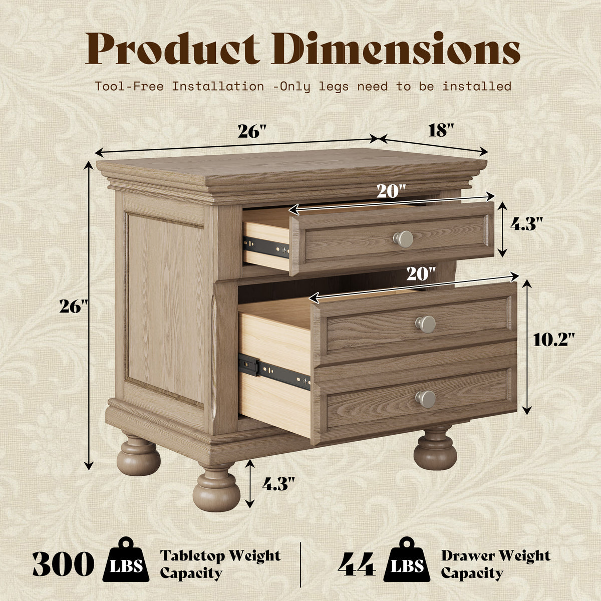 Bobbin Dark Solid Wood Nightstands Set-Warm Taupe-2-Piece Set