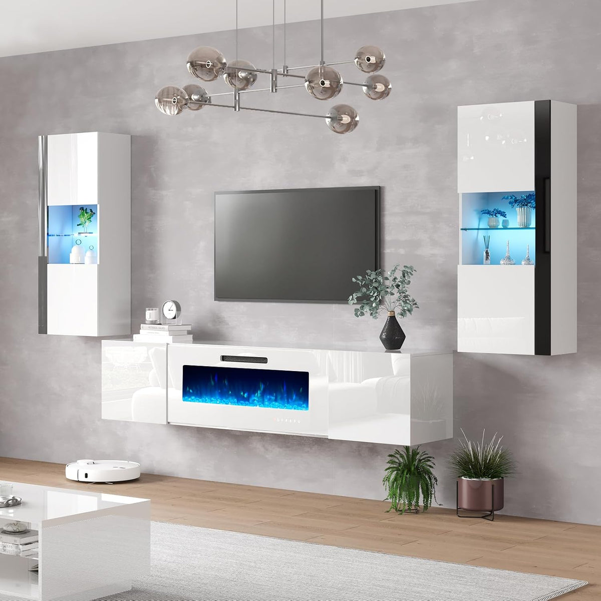 Photon Floating Fireplace TV Stand Wall Unit Amerlife 80" / All White