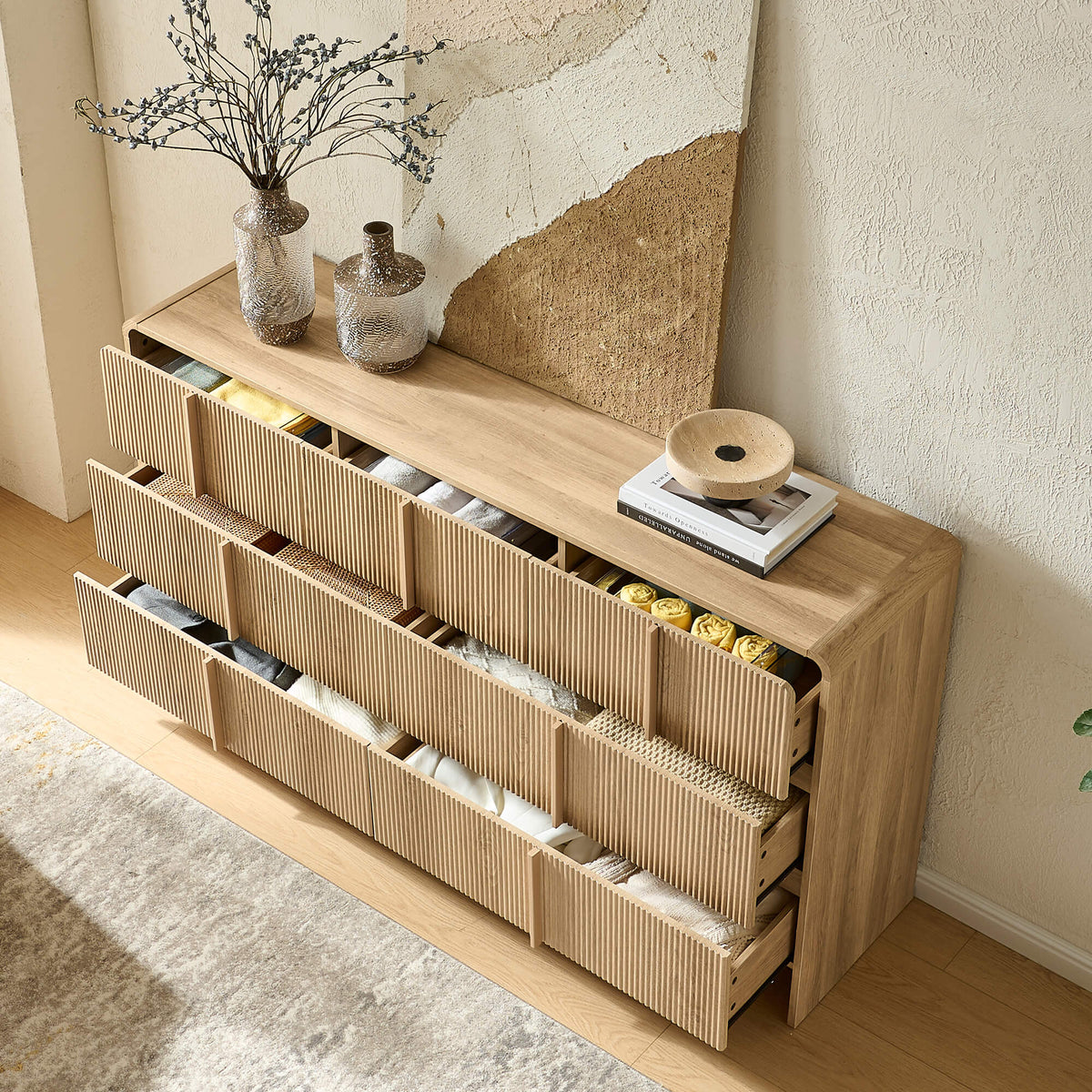 Garyon Fluted 7-Drawer Wide Dresser-Natural Oak