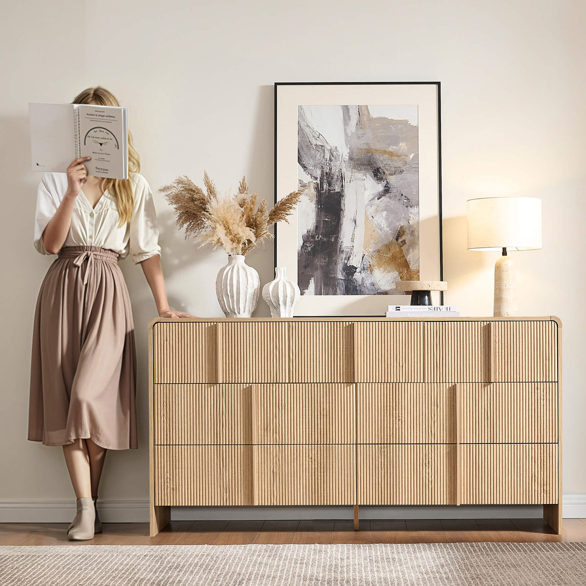 Garyon Fluted 7-Drawer Wide Dresser-Natural Oak