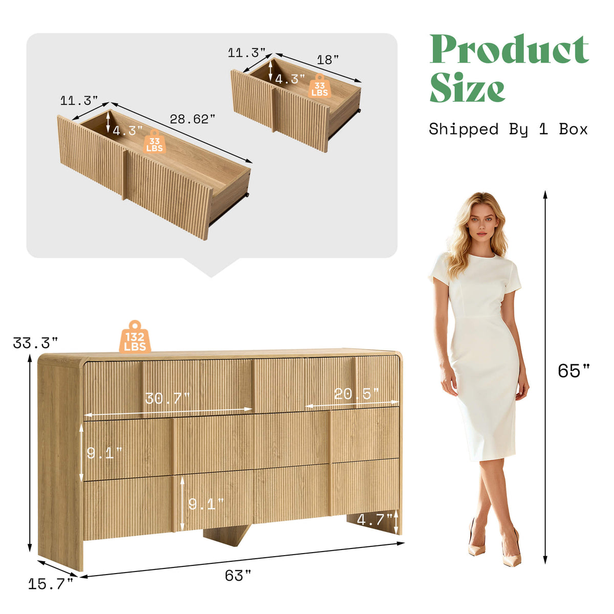 Garyon Fluted 7-Drawer Wide Dresser-Natural Oak