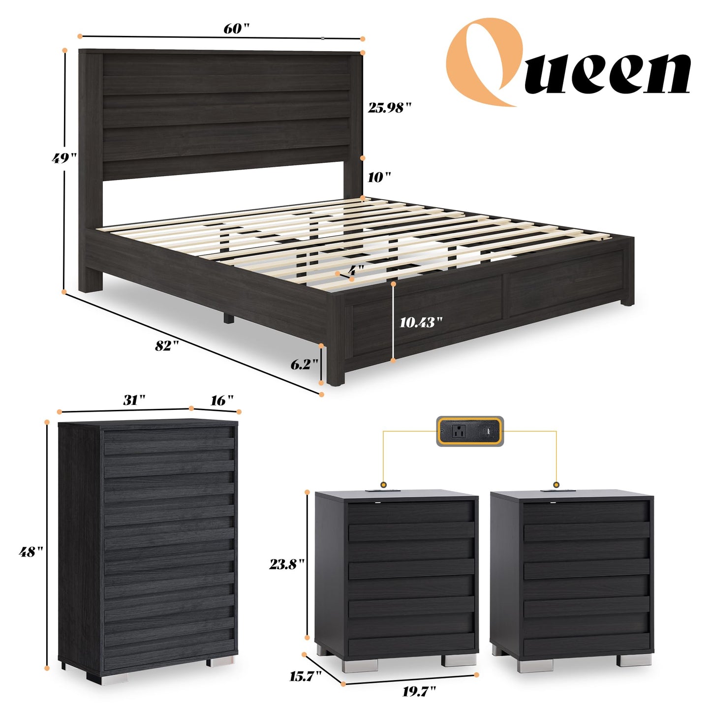 3 Piece Bedroom Set-Q-Black