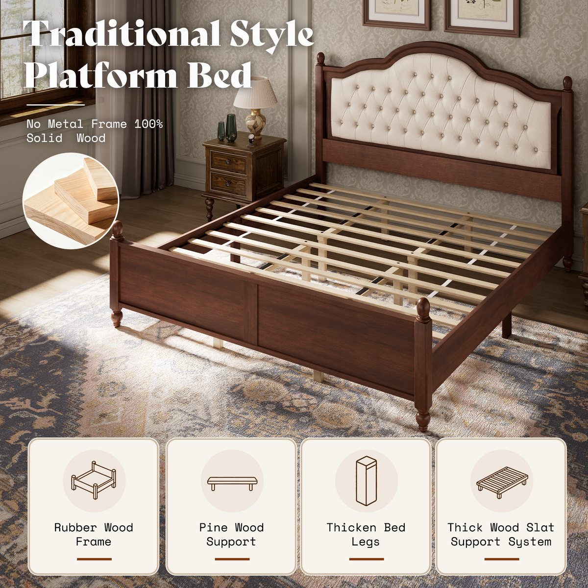 Astor Solid Wood King Bed Frame with Headboard-King-Walnut