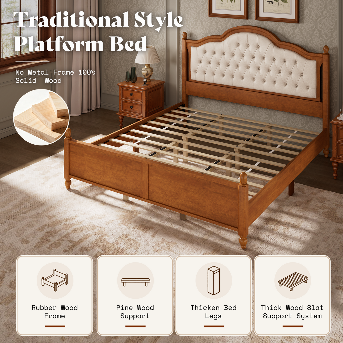 Astor Solid Wood Bed Frame with Upholstered Headboard