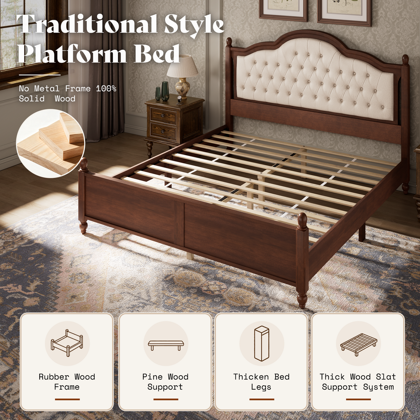 Astor Solid Wood King Bed Frame with Headboard-Queen-Walnut
