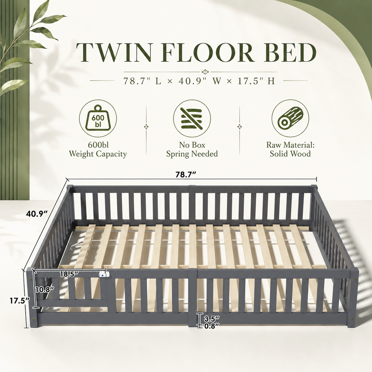 Solid Wood Kids Floor Bed with Safety Rails
