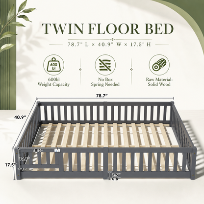 Solid Wood Kids Floor Bed with Safety Rails