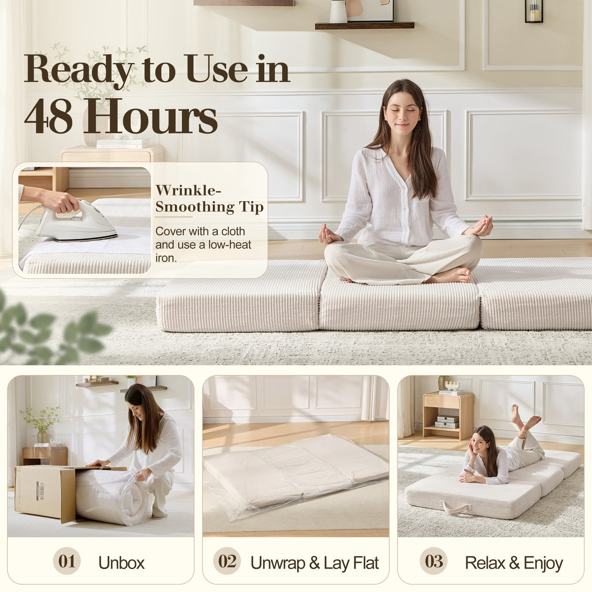 Fold 6-Inch Tri-Fold Folding Mattress-Twin-Beige