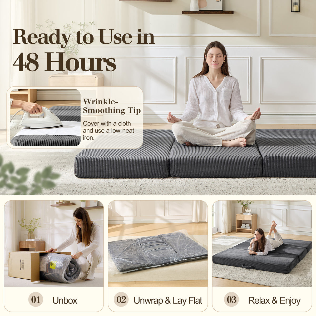 Fold 6-Inch Tri-Fold Folding Mattress-Full-Grey
