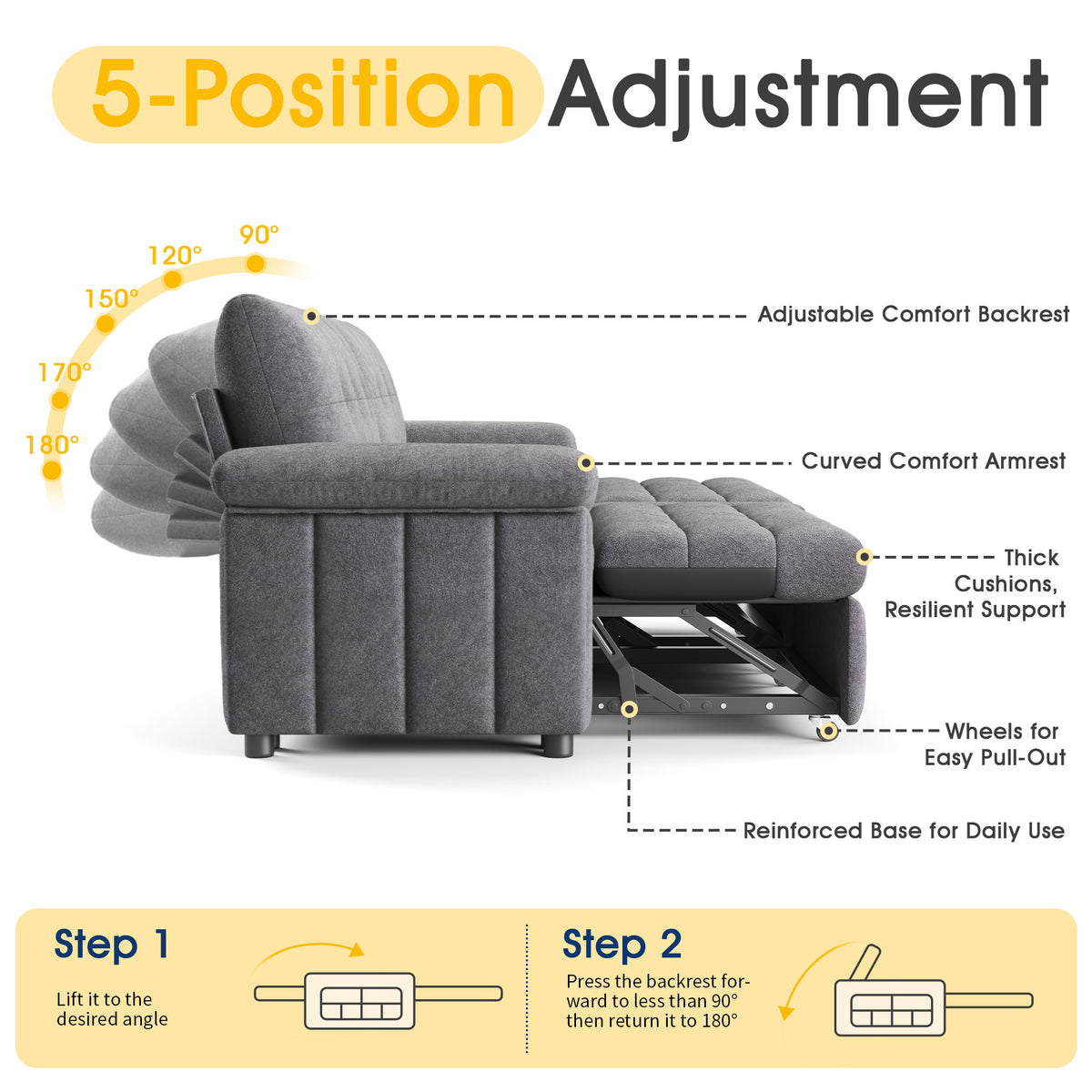 Recline 93" Convertible Sleeper Sofa -Gray