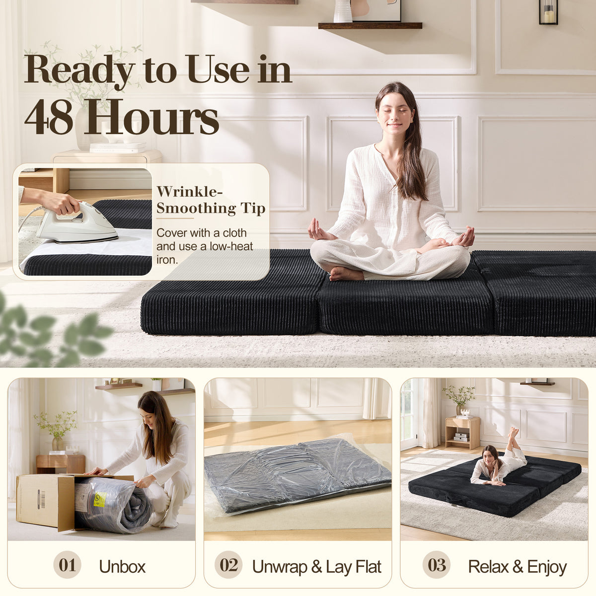 Fold 6-Inch Tri-Fold Folding Mattress-Queen-Black