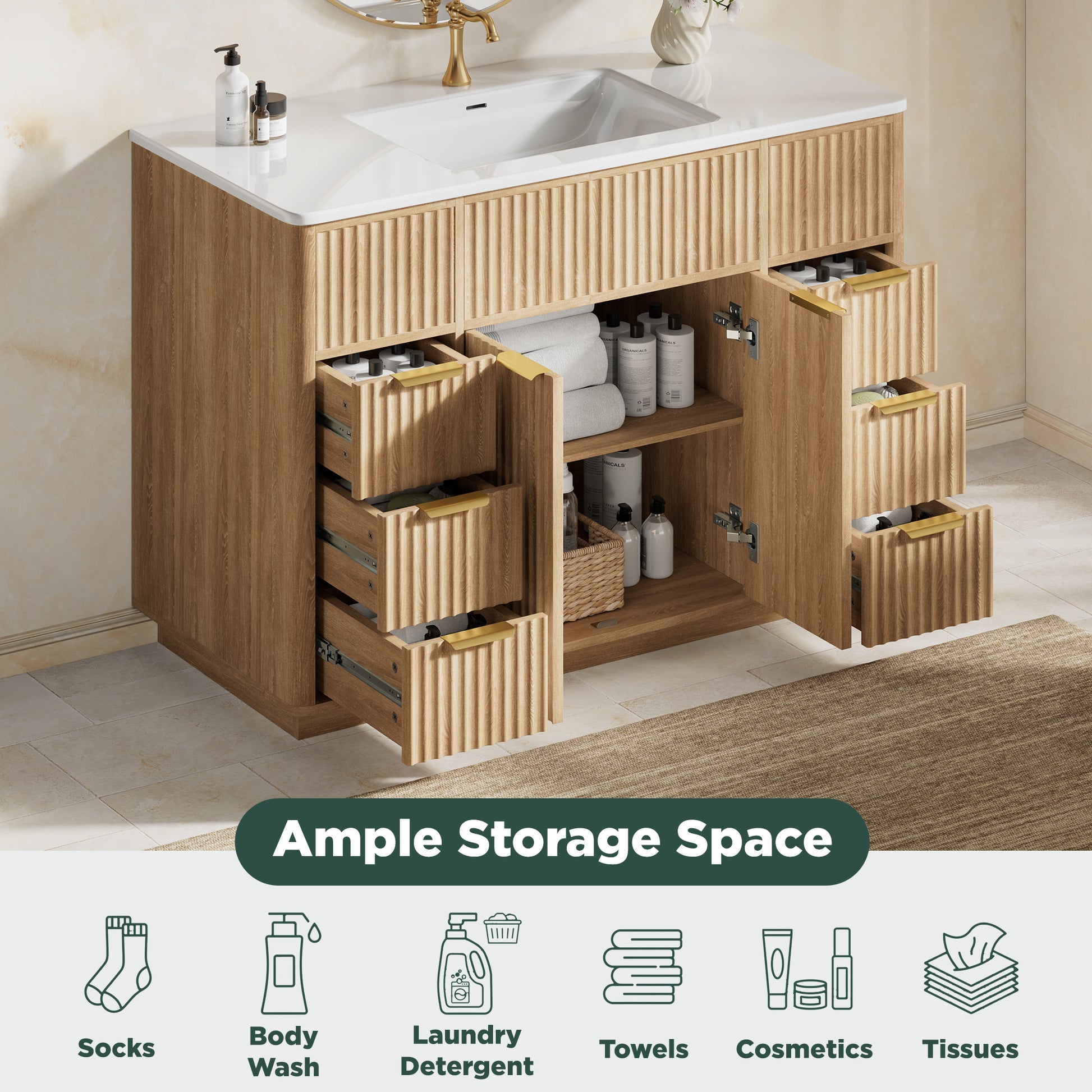 Modern Fluted Bathroom Vanity Collection - 48‘’-oak