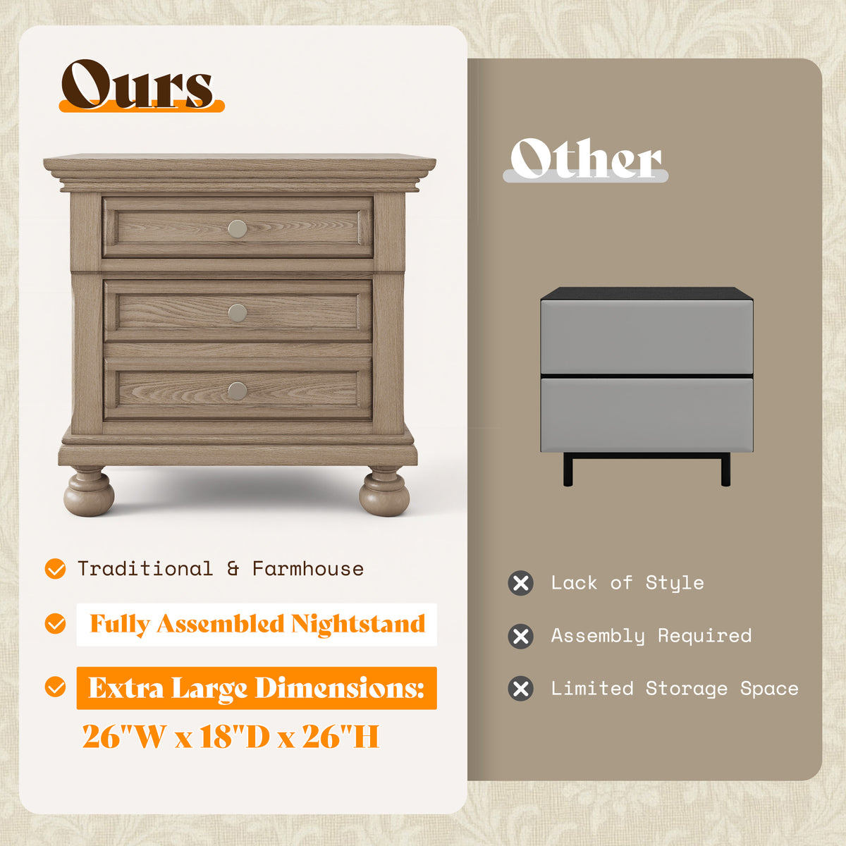 Bobbin Dark Solid Wood Nightstands Set-Warm Taupe-2-Piece Set