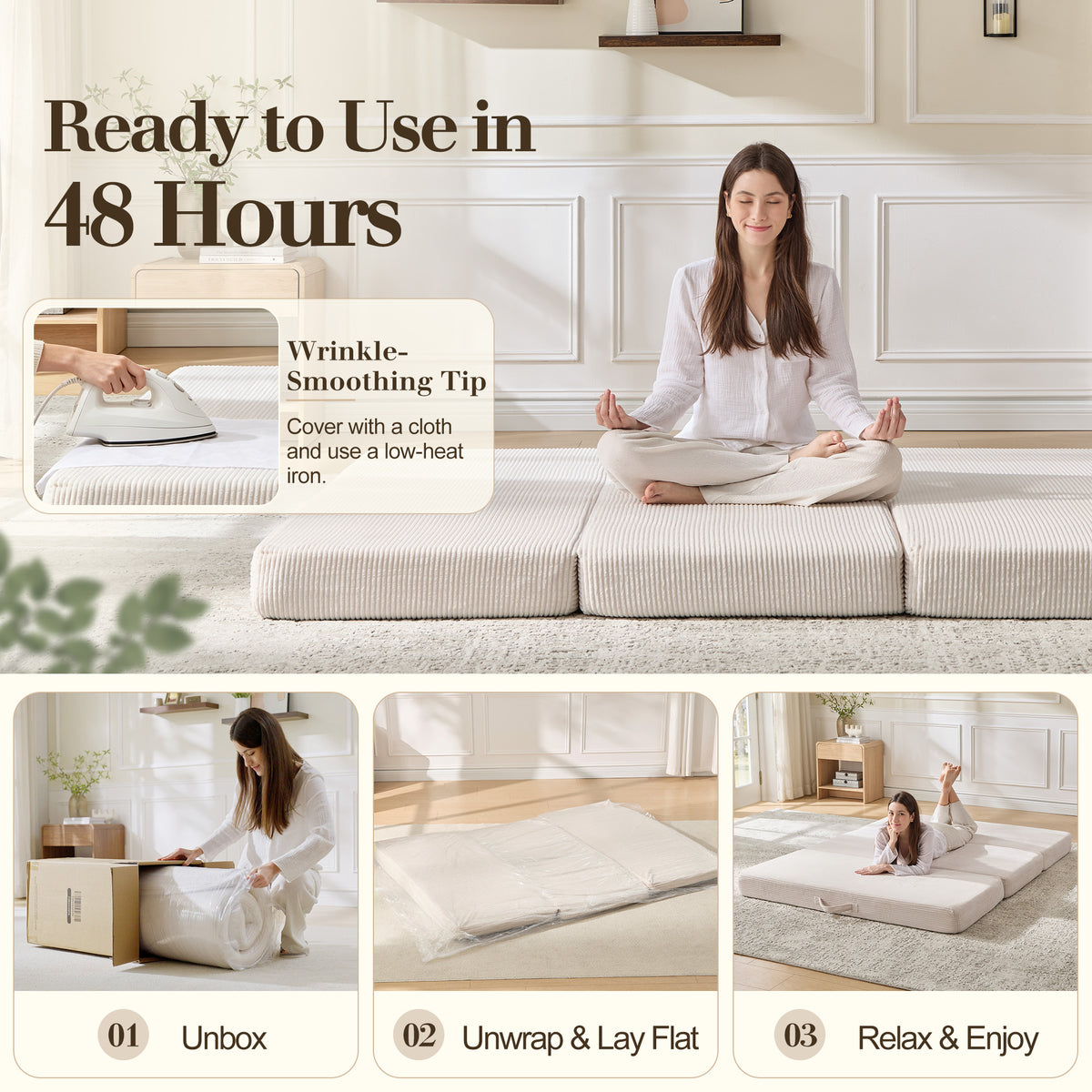 Fold 6-Inch Tri-Fold Folding Mattress-Queen-Beige
