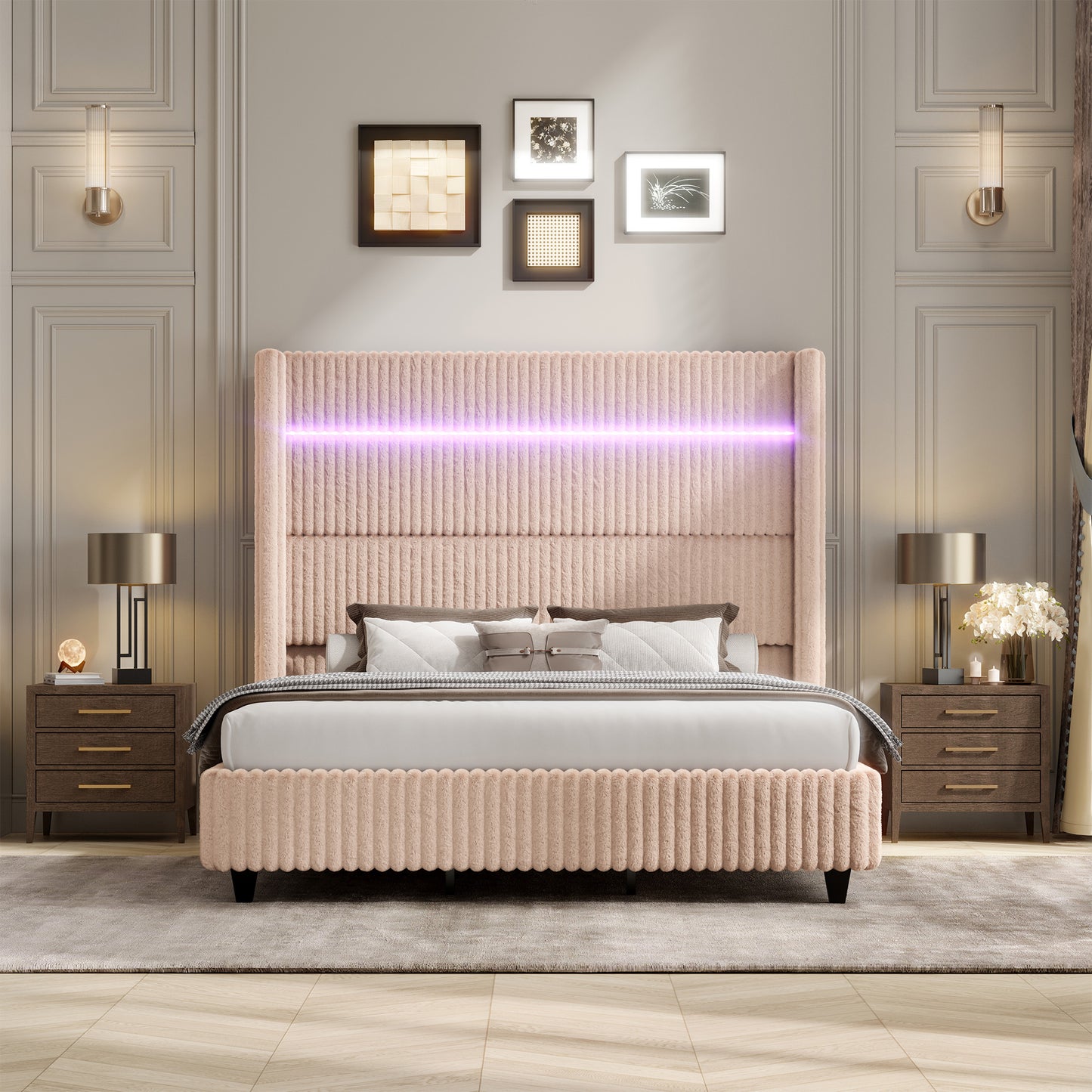 Warren Faux-Fur Bed Frame Amerlife Beige / California king