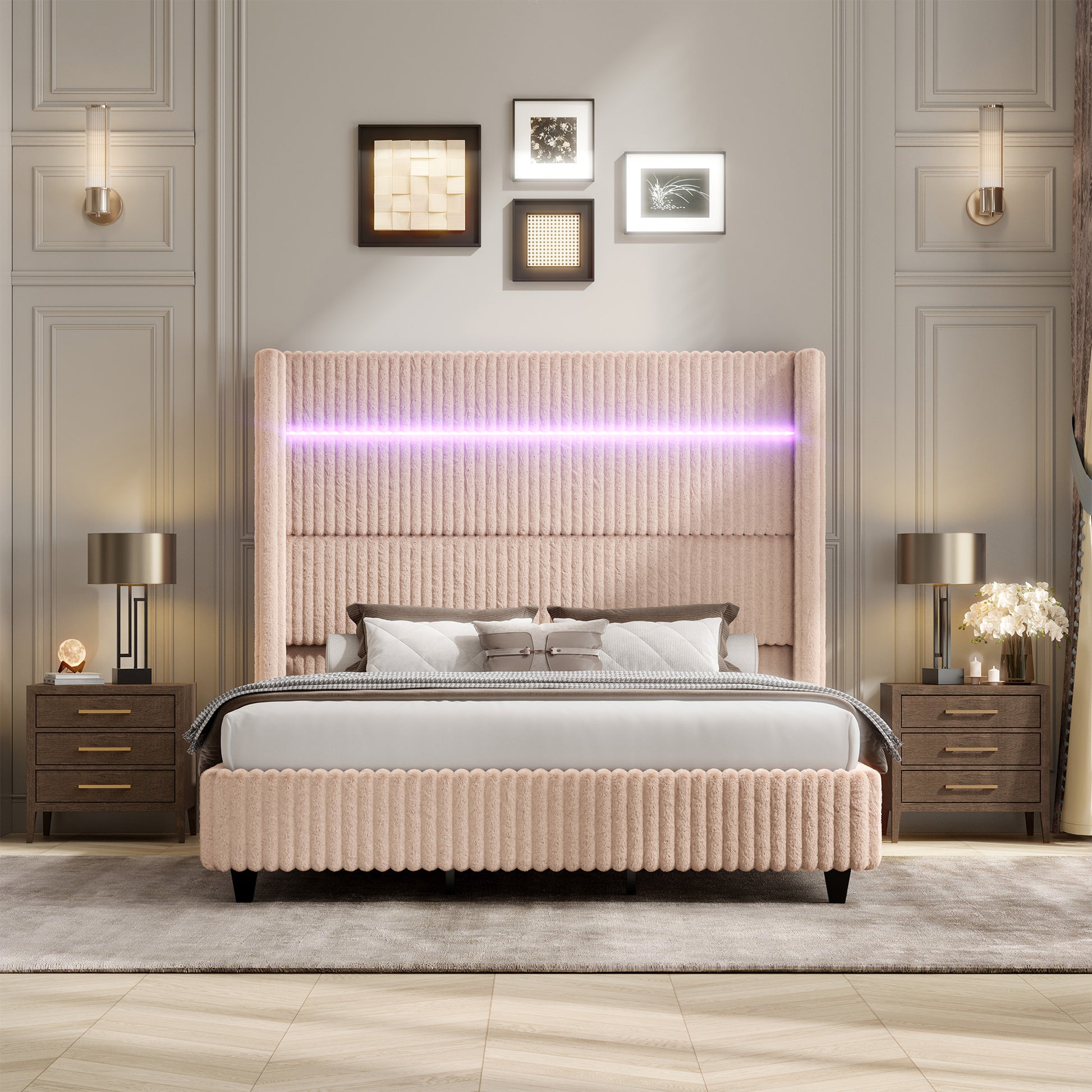 Warren Faux-Fur Bed Frame Amerlife Beige / California king