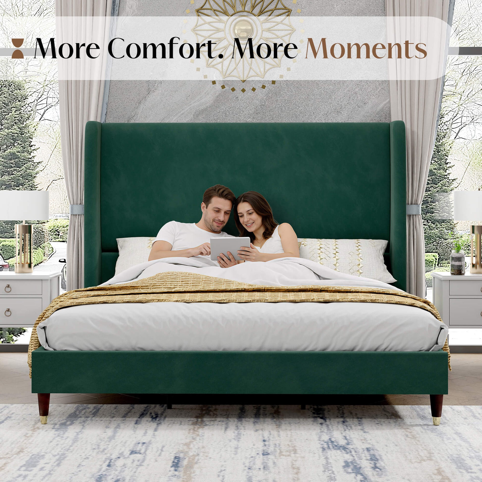 Lanner Bed Frame with Velvet Headboard Amerlife Green